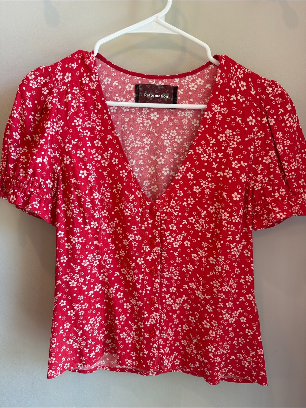 Reformation Red Floral V-Neck Button Blouse